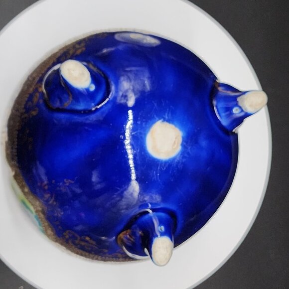 Antique Porcelain Biscuit Jar Hand-Painted Cobalt Blue & Gold Porcelain Lidded - Picture 9 of 13